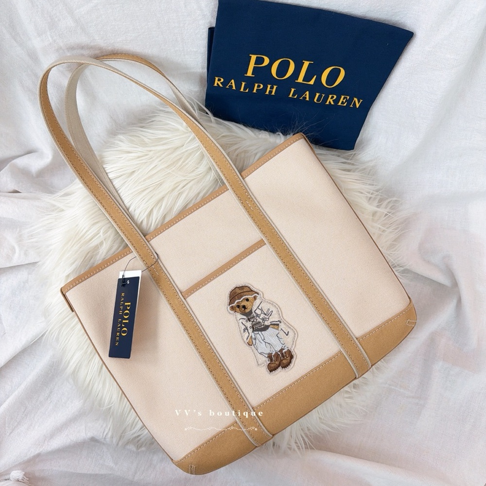 NWT Polo Ralph Lauren Polo Bear Small Canvas Shopper Tote Ecru Tan RARE LIMITED